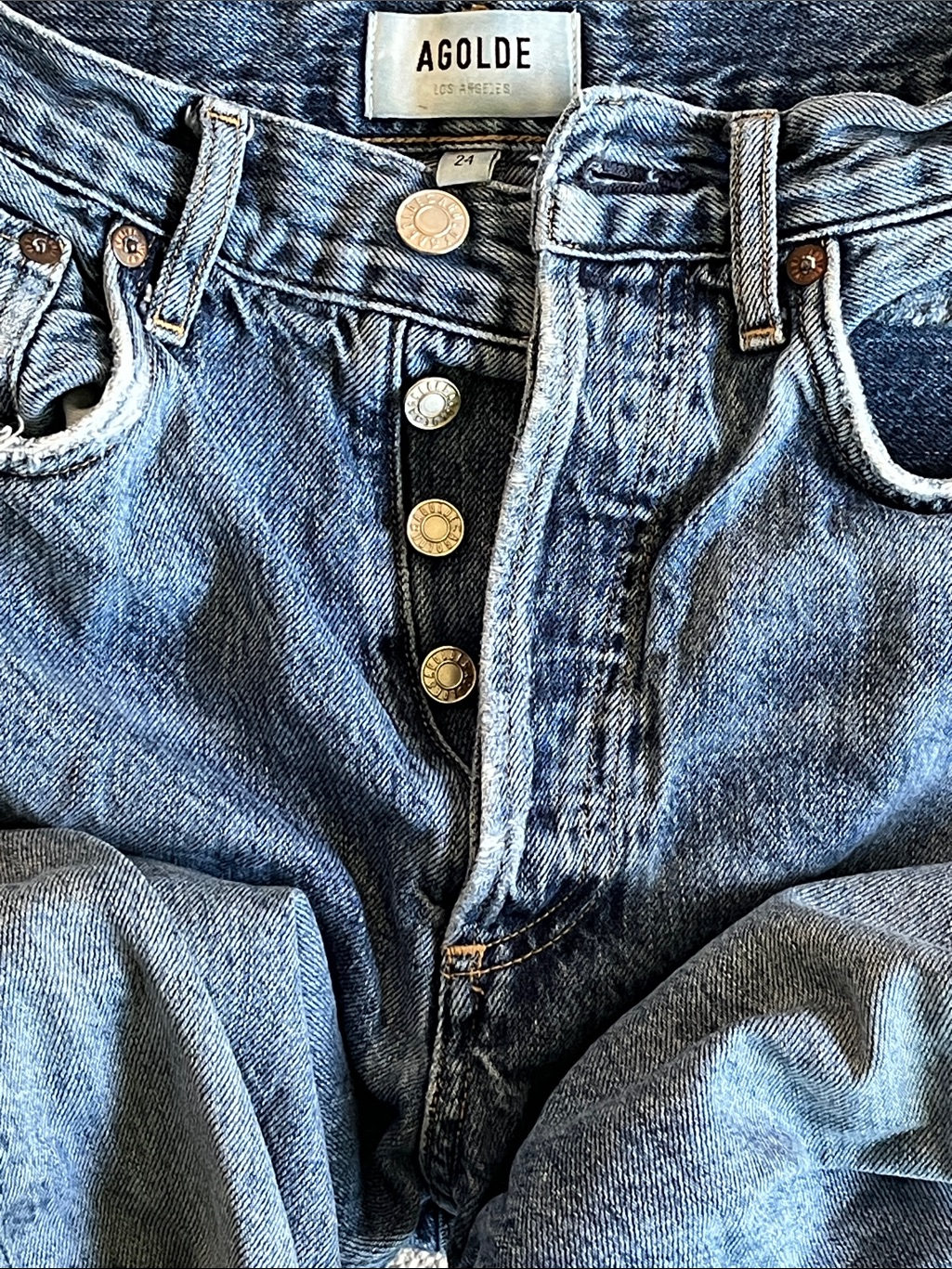 Agolde Jeans. Agolde Riley Distressed Crop Light Blue Denim Button Closure.